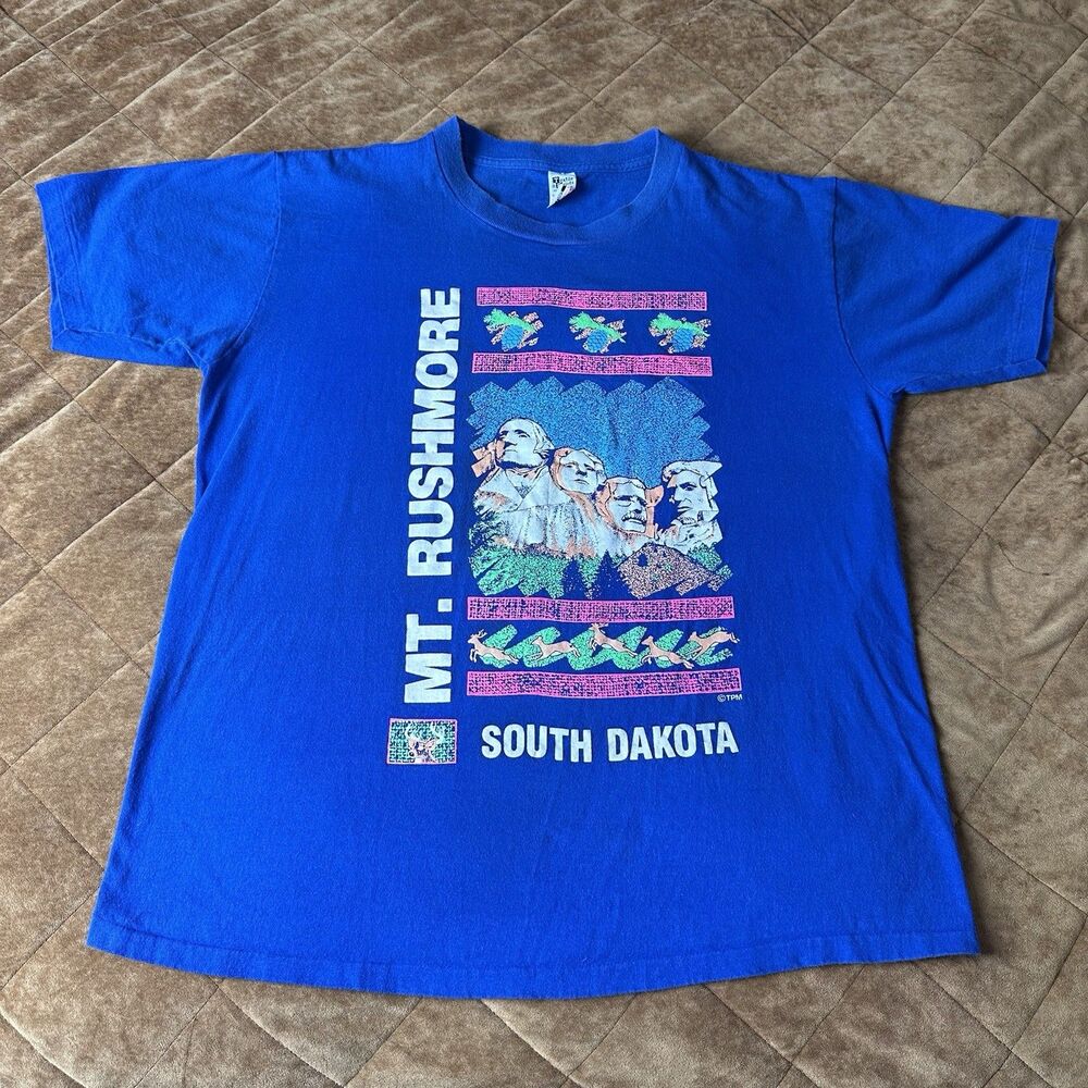 Vintage Mt Rushmore T Shirt XL Blue Neon Single Stitch 80s South Dakota Travel